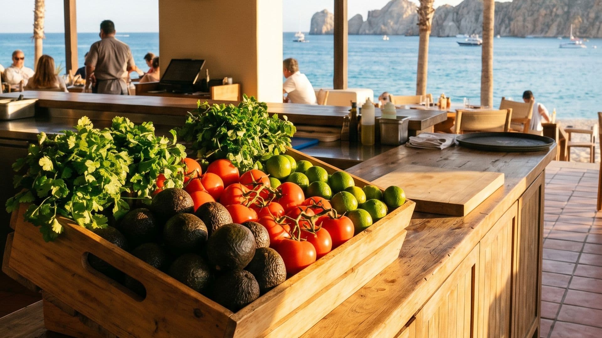 Bodega Baja Harvest en Cabo San Lucas vista aérea con vans listas y banner de marca