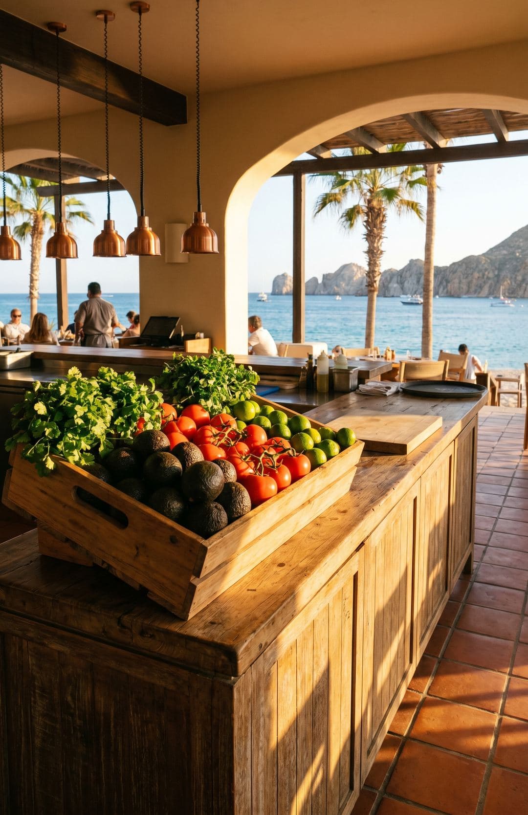 Caja de frutas y verduras frescas de Baja Harvest en una terraza frente al Mar de Cortés en Los Cabos