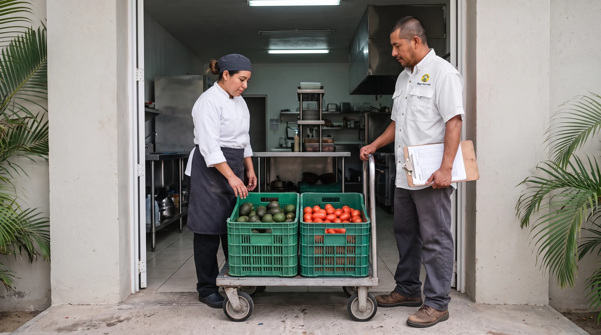 Recreación de entrega de aguacate y jitomate a una cocina con repartidor en camisa blanca