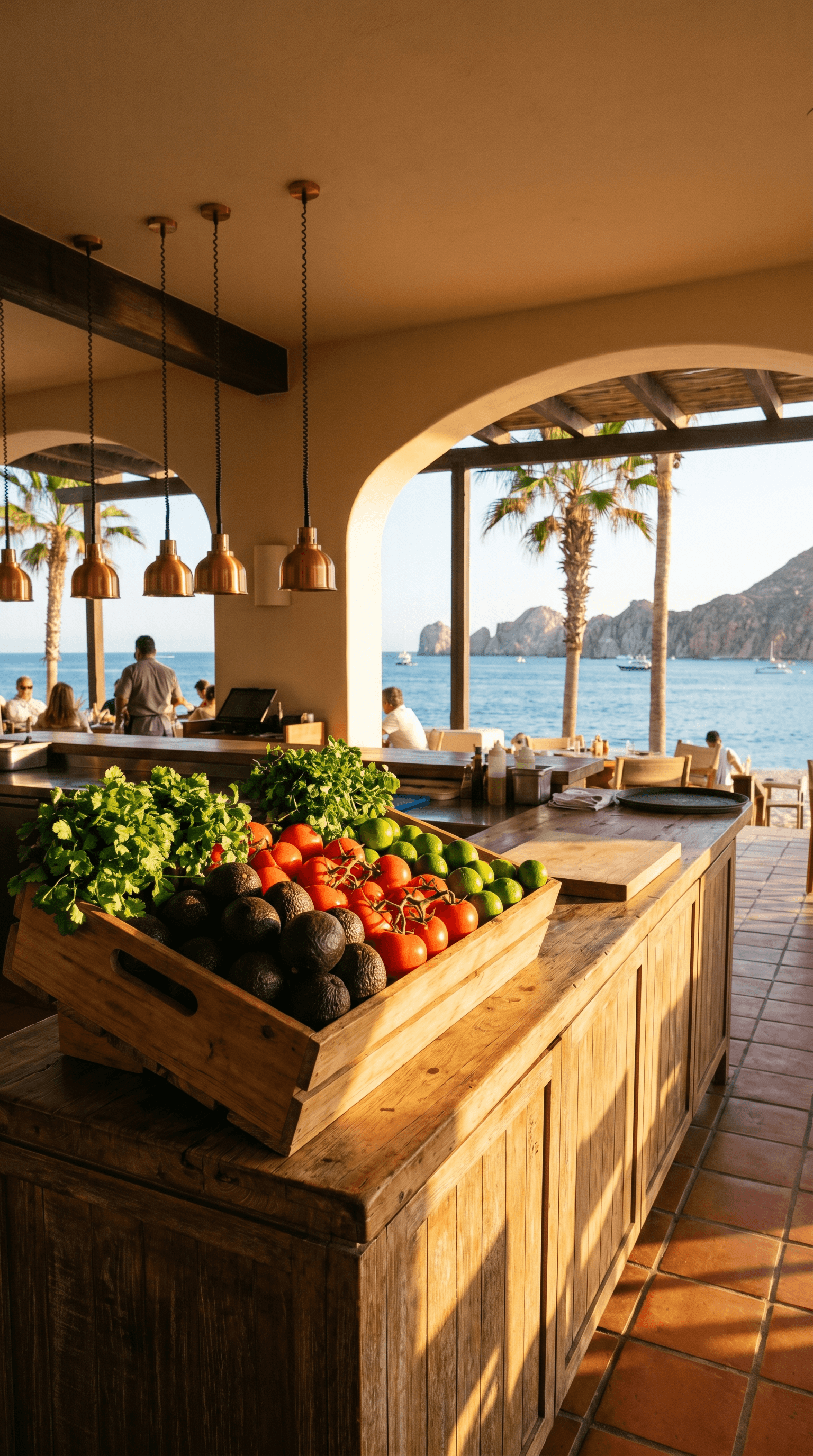 Terraza beachfront de hotel premium en Los Cabos al atardecer con crate de produce fresco frente al Mar de Cortés